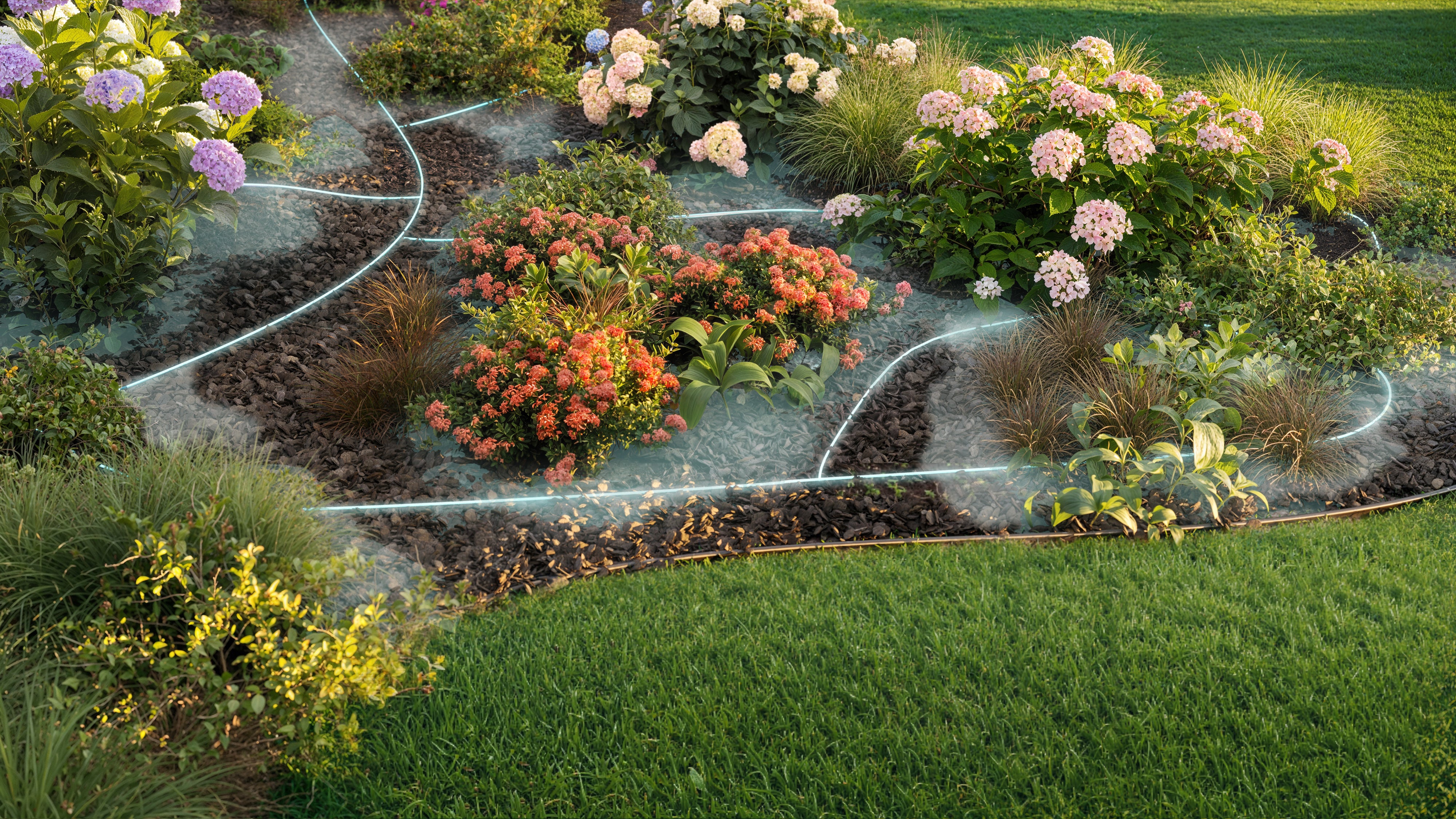 Garden bed with Irrigreen smart drip irrigation system delivering water through drip lines to healthy plants
