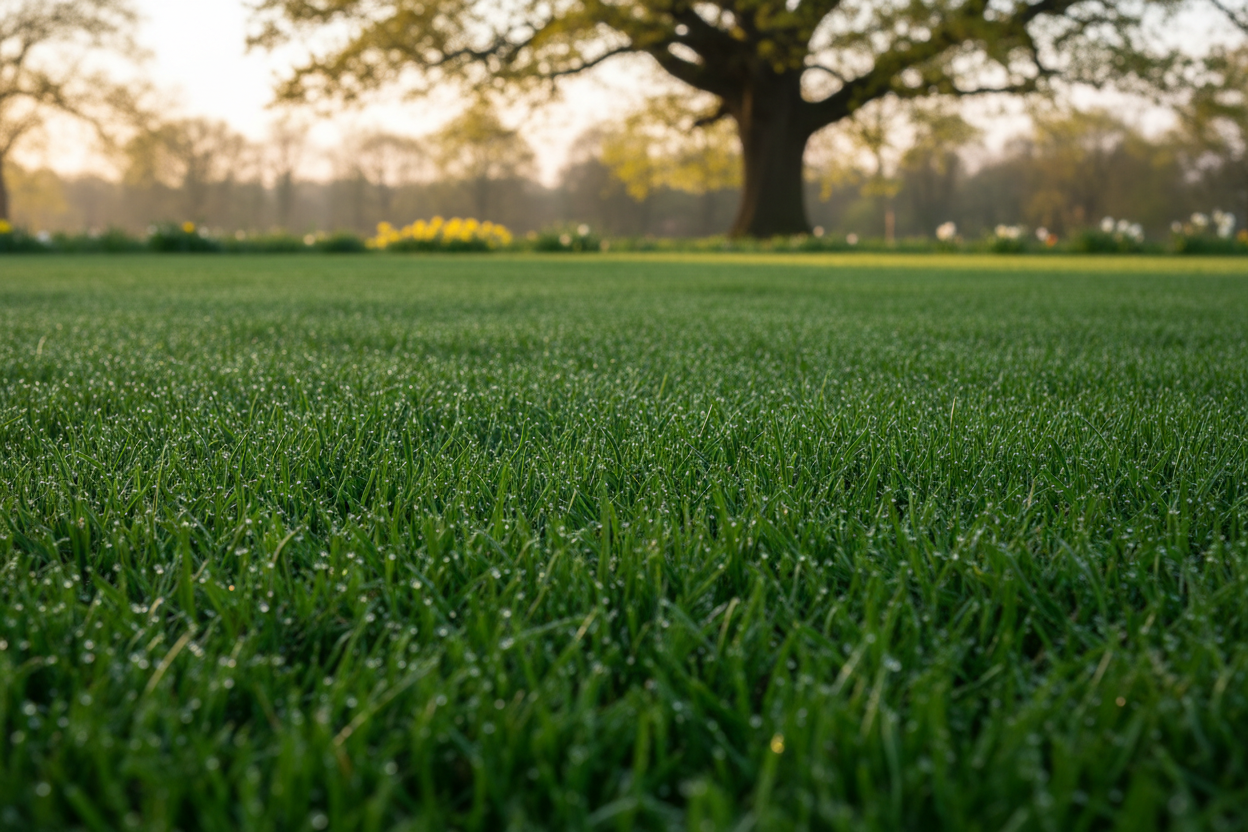 Green grass field with a tree in the background