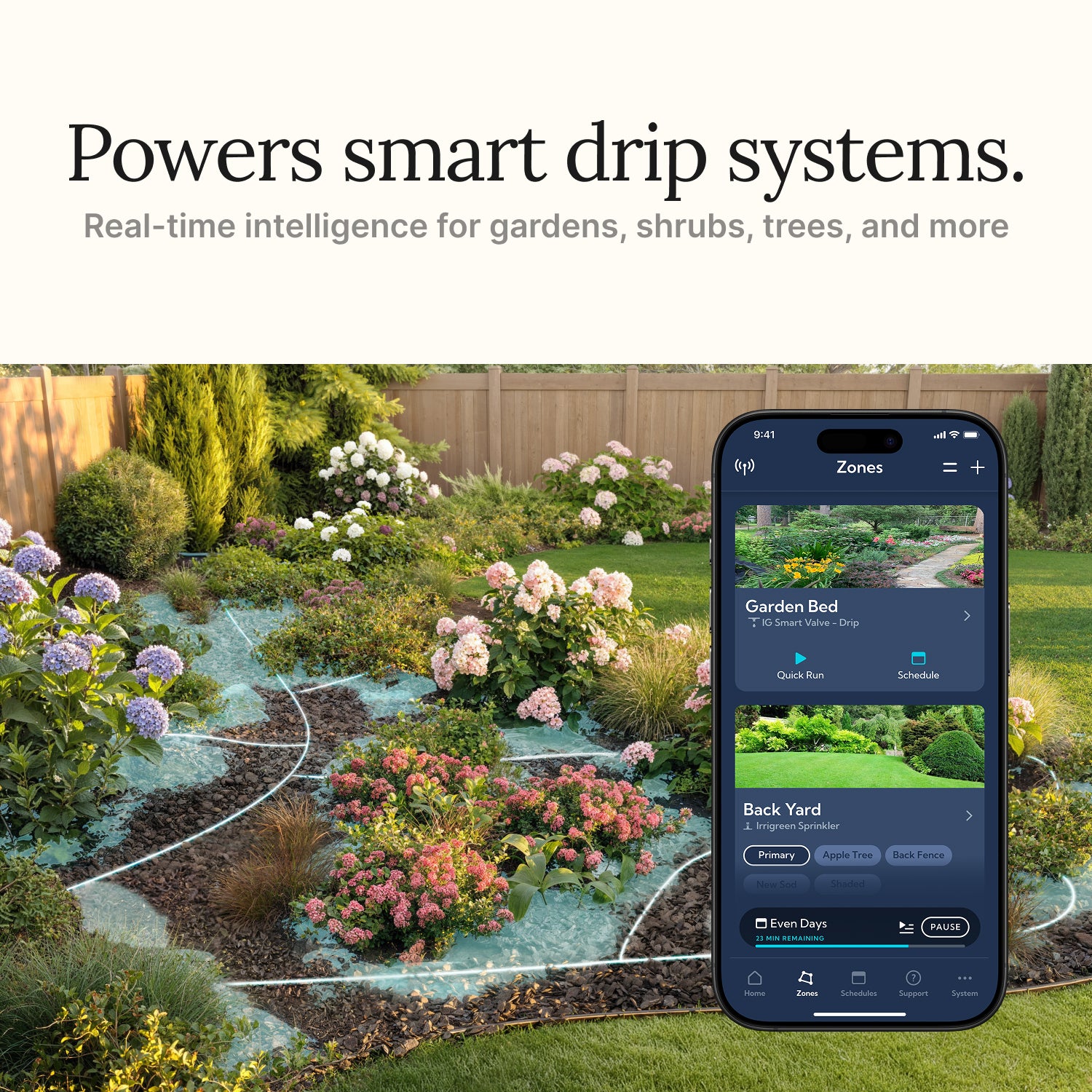 Smart garden irrigation system controlled via smartphone app with scheduling and quick run settings