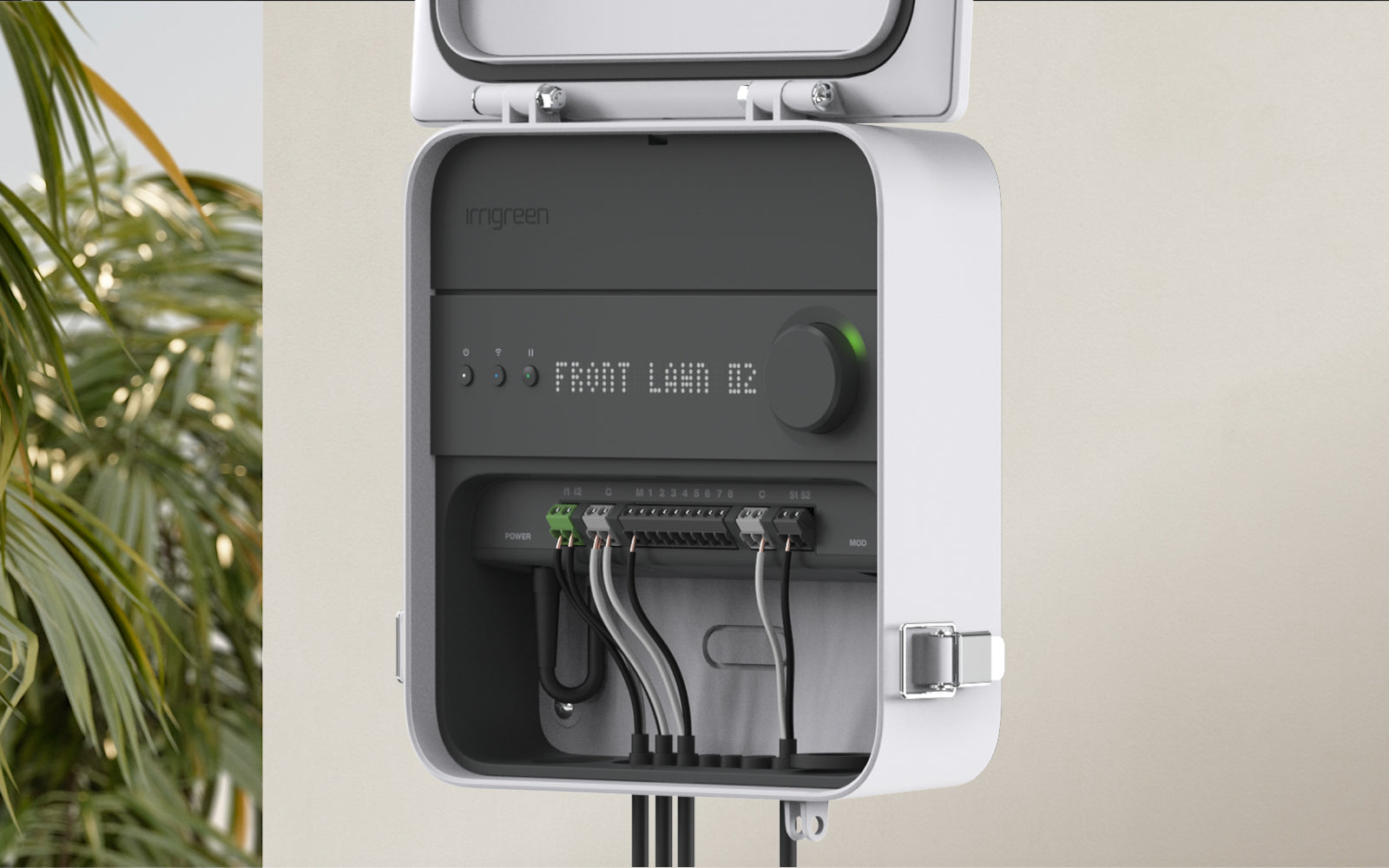 Irrigreen smart controller 3 open displaying Control for 16 Irrigreen devices,  8 external zones,  1 master valve, and 2 sensors